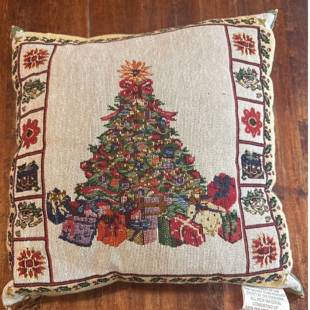 Homerbest Christmas Tree Tapestry Throw Pillow Gold Tassels 16x16 Holiday Decor